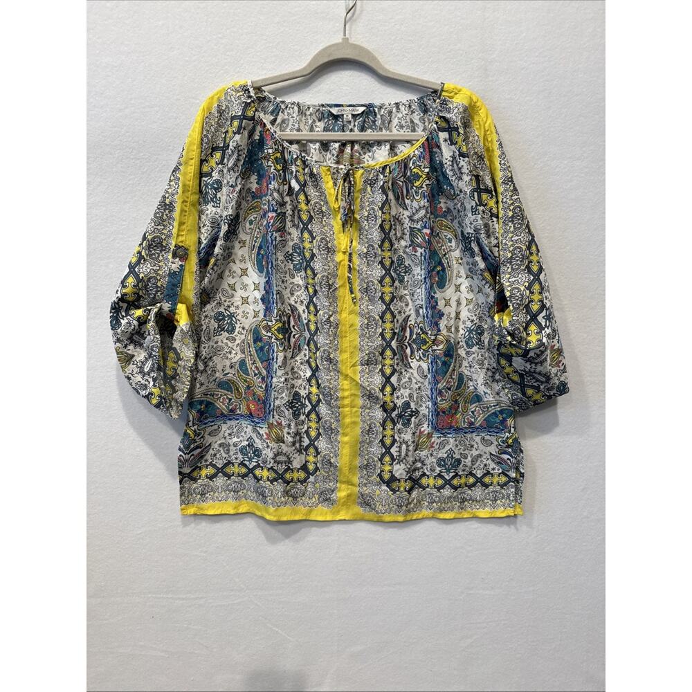 John Mark Tunic Boho Floral Print 100% Silk Roll Tab Top Size M